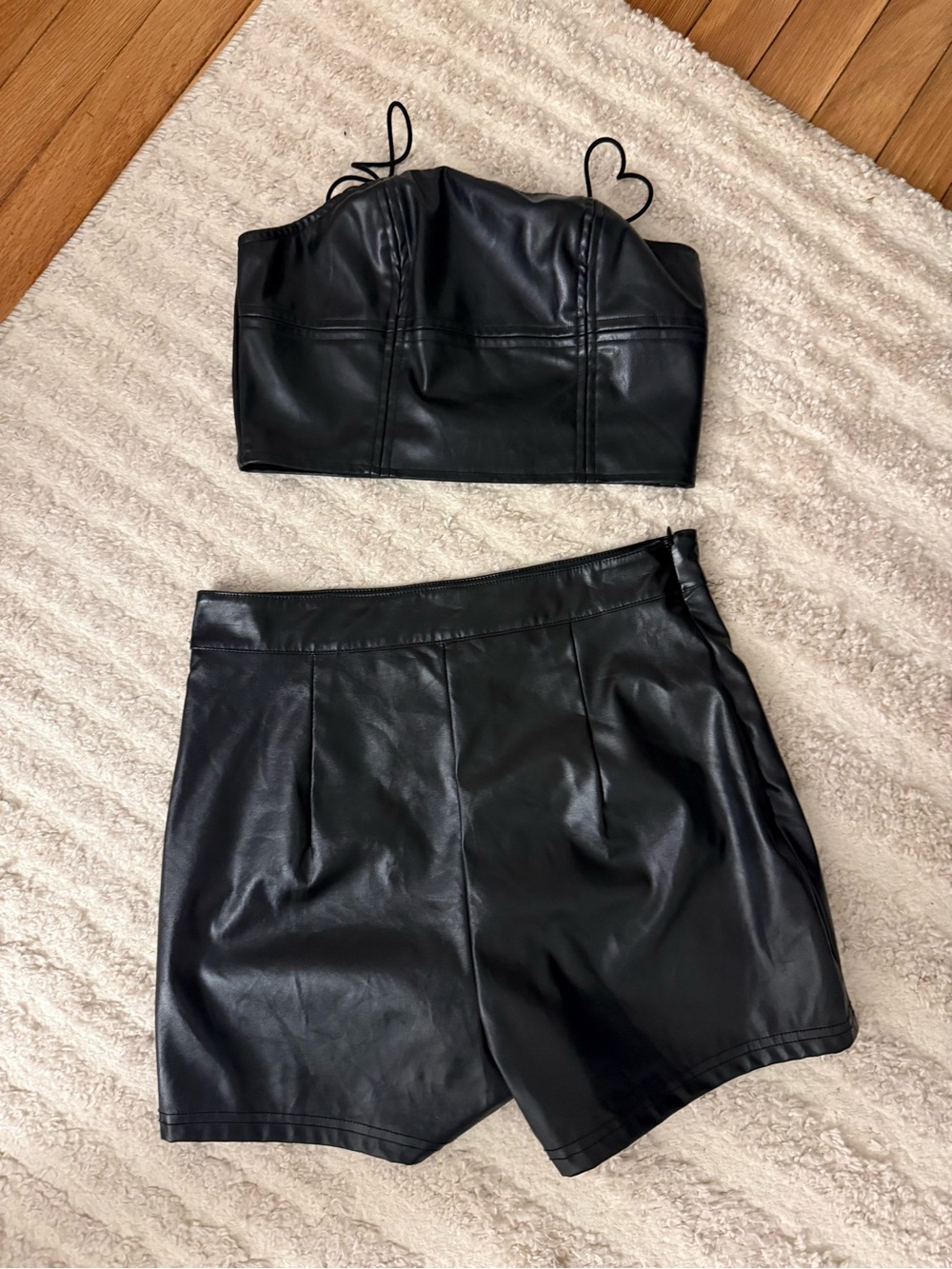SHEIN Black Faux Leather Crop Top & High-Waist Shorts Set